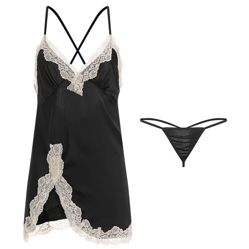 

Orz-I Sexy Lingerie Silk Nightgowns Satin Sleepwear Women Sleeveless Deep V Lace Nightdress Nightwear Nightshirt