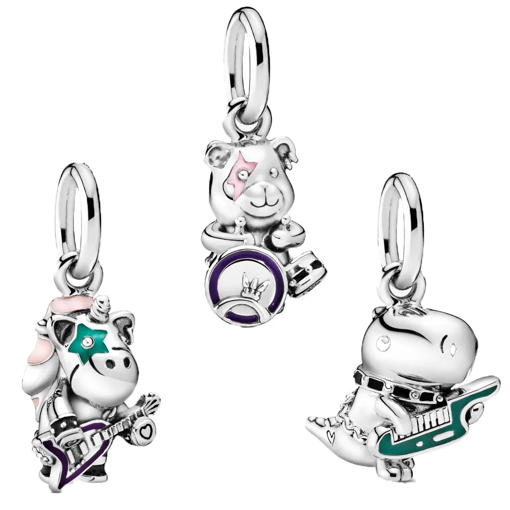 

Fashion 925 Silver Beads Cow Bear Dinosaur play Musical instrument Charm Fit Original Pandora Bracelets Women DIY Jewelry