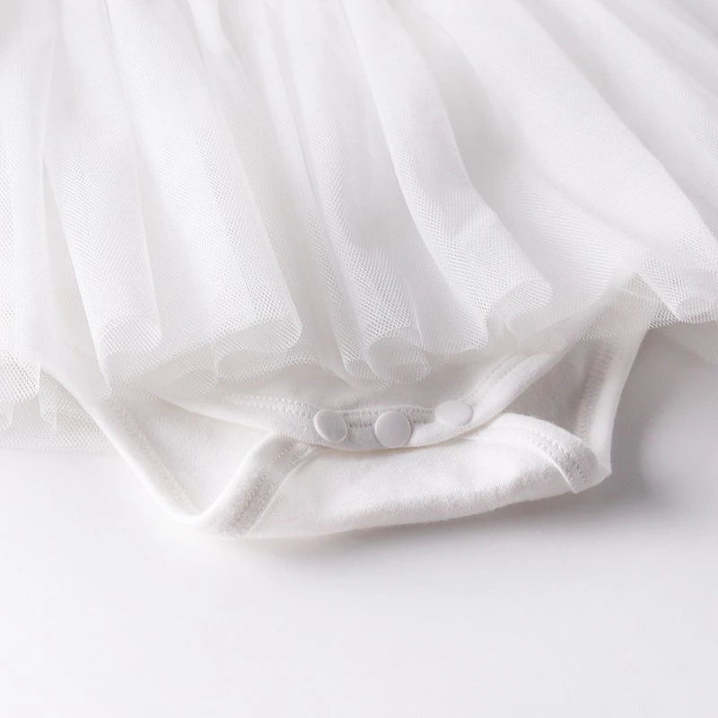 

Baby Girls Jumpsuits Clothes Cute Solid White Princess Dress Infant Long Sleeve Lace Mesh Skirts Newborn Party Rompers With Hat