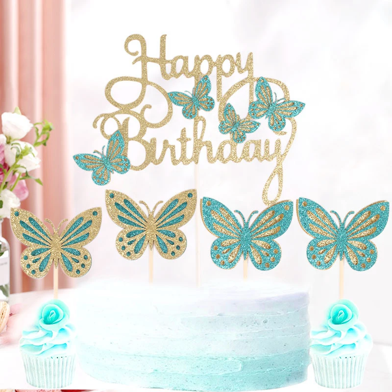 

1set Happy Birthday Cake Topper Glitter Butterfly Cupcake Toppers Kids Birthday Party Cake Decoration Baby Shower Party Supplies