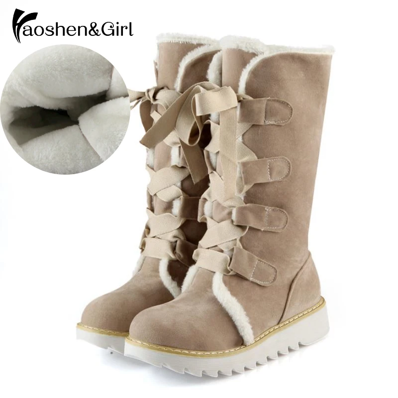 Haoshen & Girl/женские полусапожки зимние сапоги до середины икры теплые на плоской