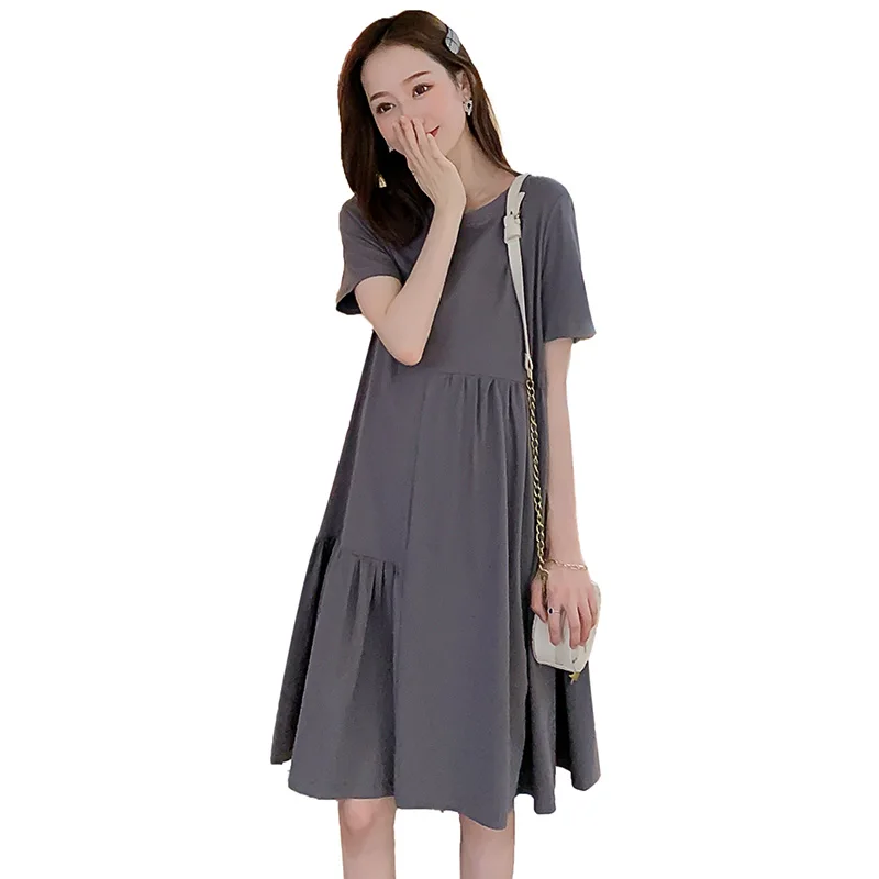 

961# 2021 Summer Irregular Patchwork Cotton Maternity Dress Casual Loose Clothes for Pregnant Women Pregnancy Tees Dress