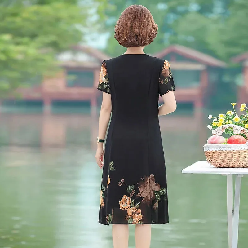 

Middle-aged Mother Women New Summer Dress New Fashion Printed Chiffon Dress Female Casual Loose Dresses Vestidos Plus Size 5XL