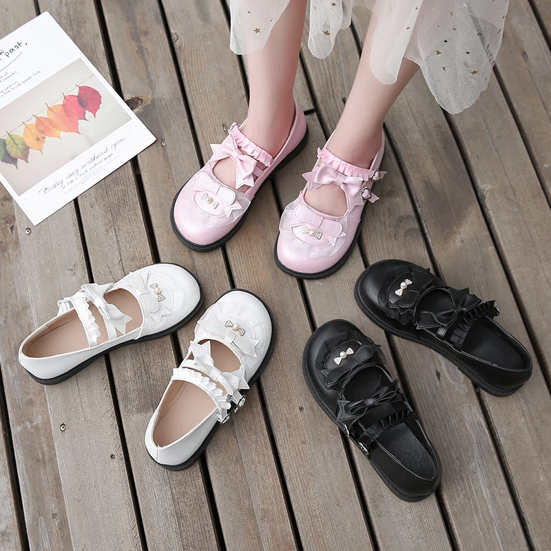 

3 Colors Japanese College Students Girls Round Toe Buckle Straps Bow Shoes Lolita JK Commuter Uniform Lovelive PU Leather Shoes