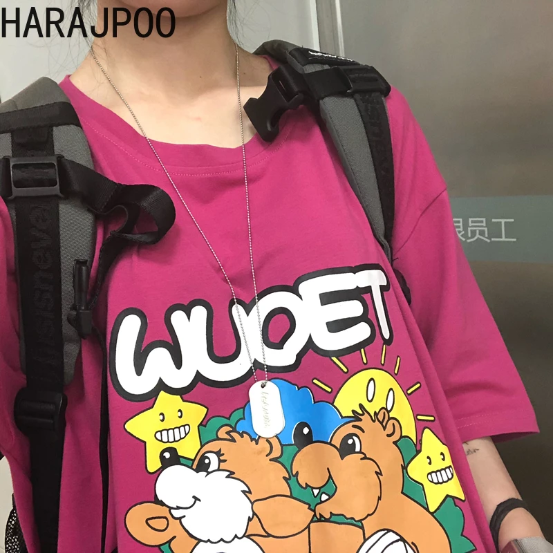 

Женская футболка в стиле Харадзюку, свободная футболка с коротким рукавом и мультяшным принтом, в Корейском стиле, весна-лето 2021