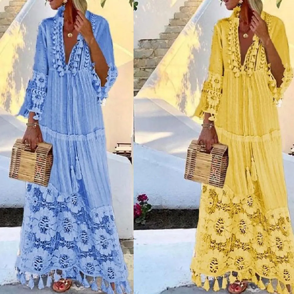 

Gentillove Women Spring Bohemian Lace Patchwork Long Sleeve Beach Style Long Dress Deep V-Neck Casual Elegant Tassel Solid Club