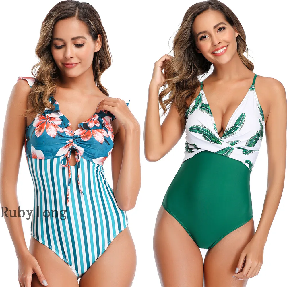 Женский слитный купальник с V образным вырезом в синюю полоску|Комбинезоны| |