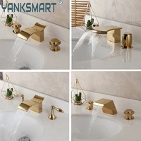 golden deck mounted wash basin bathroom faucet set waterfall spray double handle faucet hot cold mixer taps combo