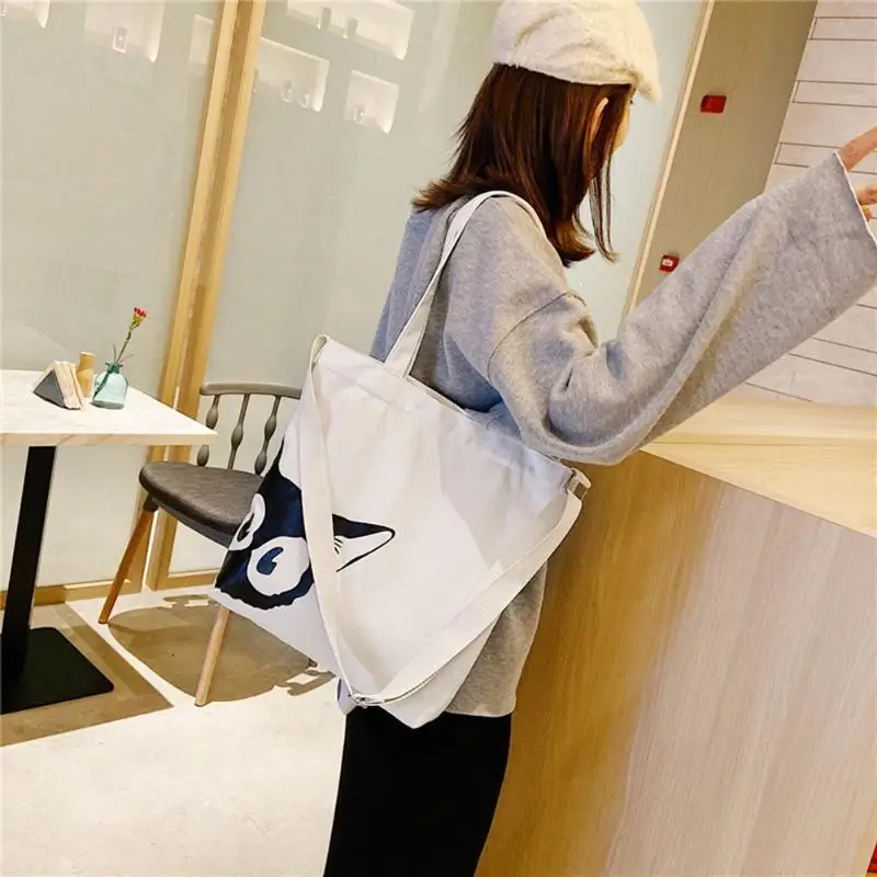 Холщовые женские сумки через плечо простые милые с принтом кота большая емкость