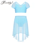Детский комплект из двух предметов для девочек, сетчатая одежда для балета, танцев, гимнастики укороченный топ с юбкой-пачкой с запахом джазовые костюмы для лирических танцев