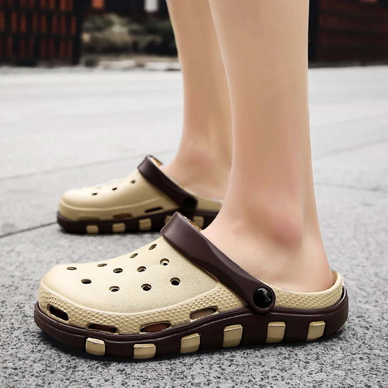 Мужские сандалии без застежки светло коричневые для сада дышащие удобные