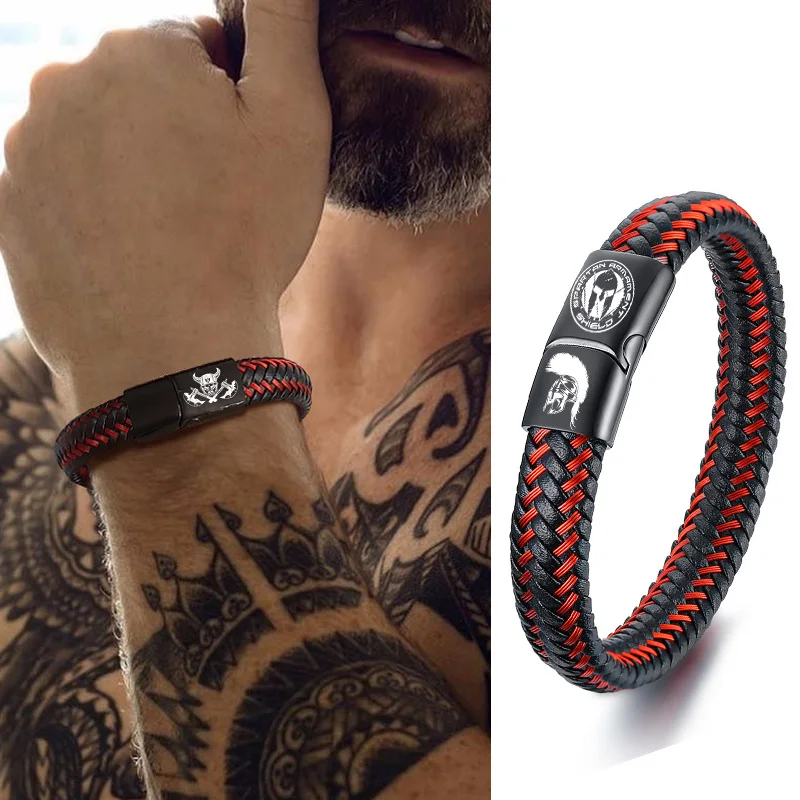 

MEN'S BRAIDED LEATHER BRACELET FOR MEN RED & BLACK BRAID WRISTBAND BANGLE