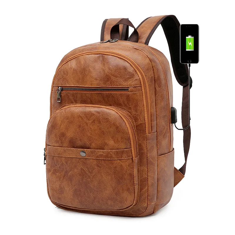 

Retro Men Backpack Usb Waterproof Pu Leather Back Pack Male Large Capacity