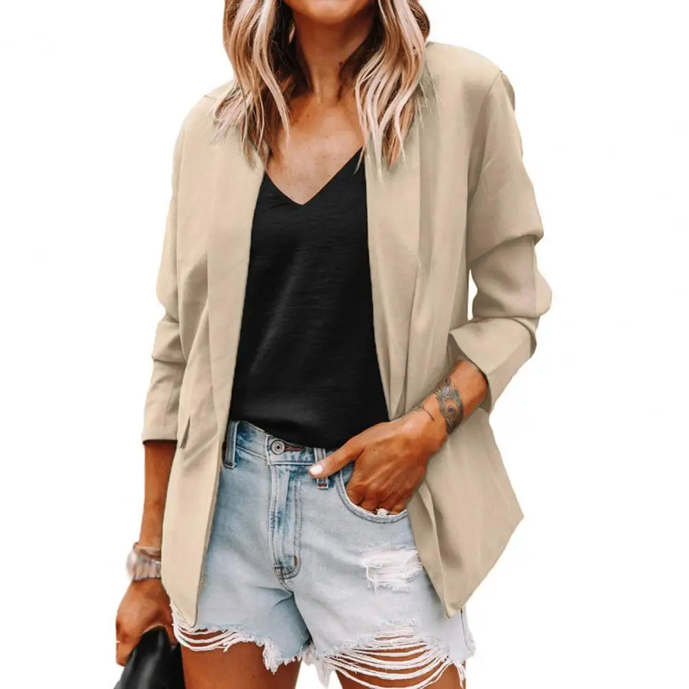 

Casual Fashion Office Lady Blazer Solid Color Temperament Autumn Winter Long Sleeve Lapel Pockets Suits Coat for Dating 2021New