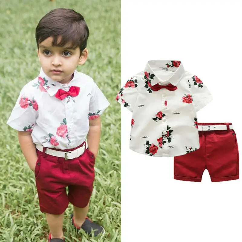 

2PCS Toddler Kids Baby Boy Clothes Short Sleeve Floral Tops T-shirt+Shorts Pants Gentleman Formal Suit Outfits