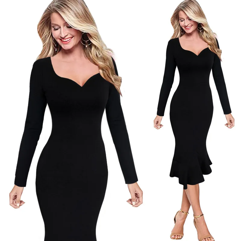 Black Long Sleeve Vfemage женские элегантные Винтаж Леопардовый принт одноцветное кинозвезды Повседневное Коктейльные Вечерние облегающее Русалка миди длиной до середины голени, 1360 - Цвет: Black Long Sleeve
