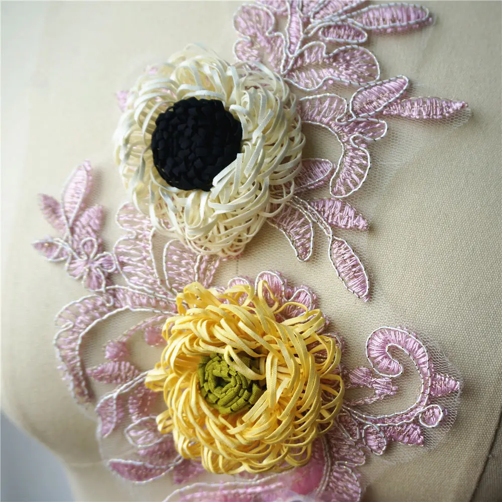Розовый Желтый 3D Цветочная кружевная ткань бусины вышитая одежда аппликации