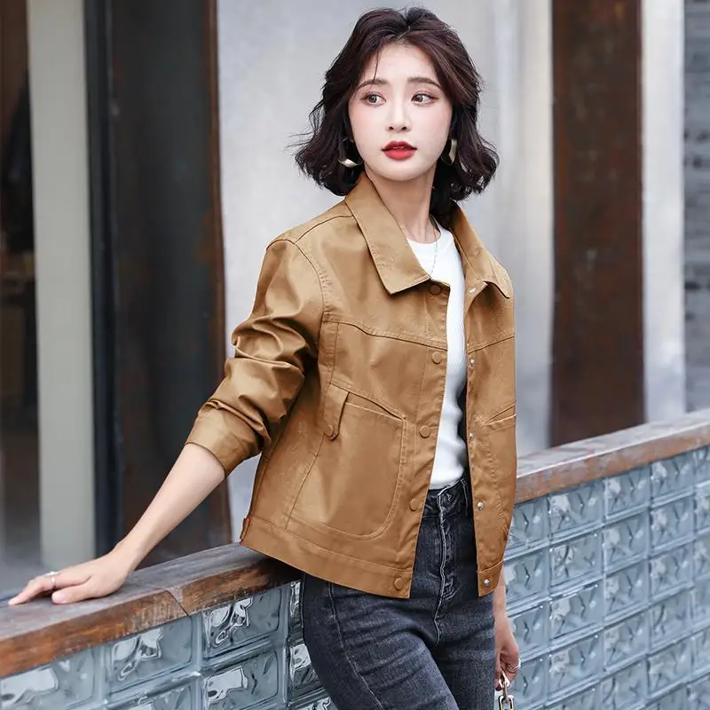 

Women's Leather Jacket Pu Leather Motorcycle Lapel Casual Coffee Color Short Small Leather Coat Spring and Autumn 2021