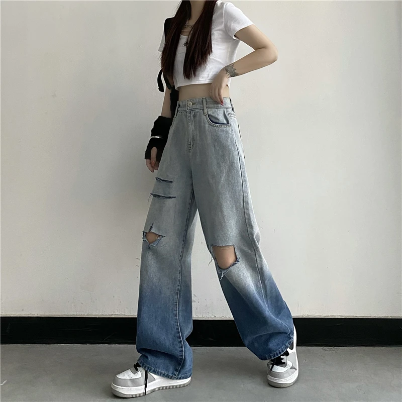 

ZCSMLL Ripped blue jeans female summer Korean version of gradient hollow out loose wide-leg straight women trousers fashion