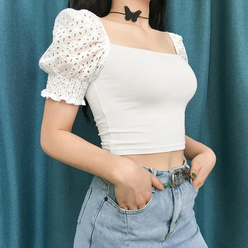 Женская Футболка с рукавами-лепестками Vadim белый укороченный топ коротким