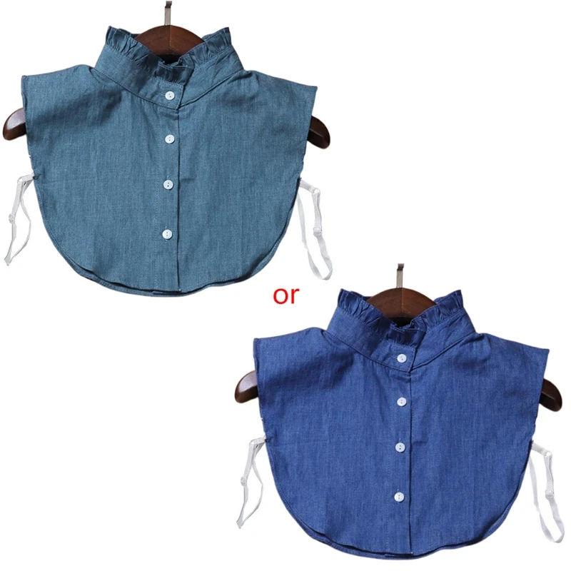 

Minimalist Stripes Denim Women Detachable Lapel Fake Collar Cute Doll Ruffles Lace Splicing Button Down False Half Shirt Blouse