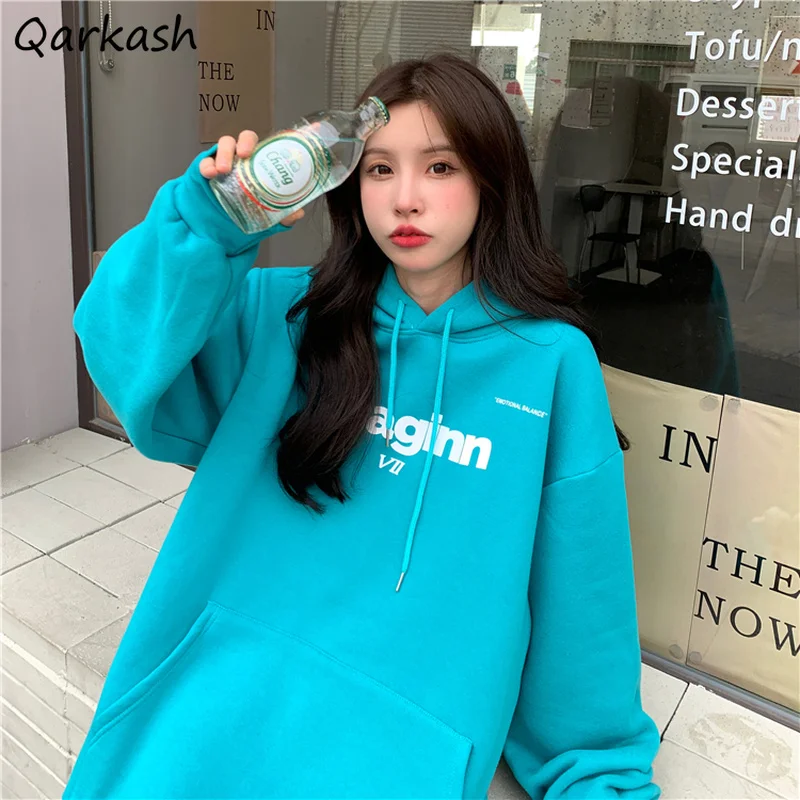 

Hoodies Women Leisure Korean Autumn New Simple Letter Hooded Front Pocket Tops Aesthetic Thicker Warm Streetwear Ins Harajuku