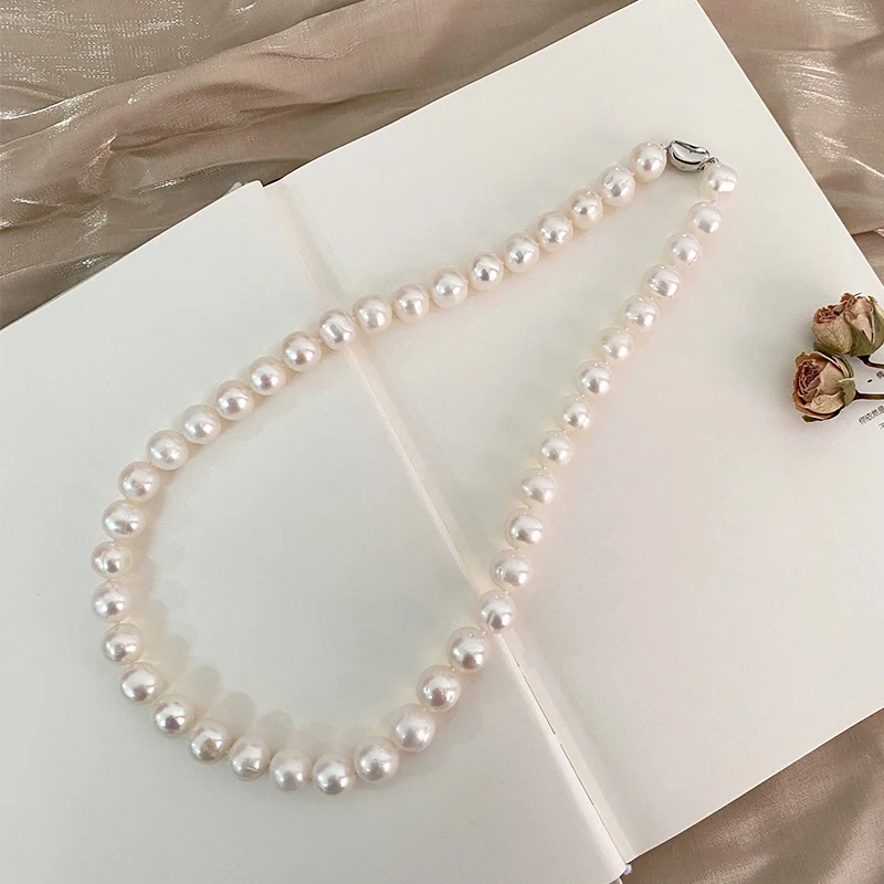 ASHIQI 10 12 мм большой натуральный пресноводный жемчуг ожерелье Настоящее серебро 925