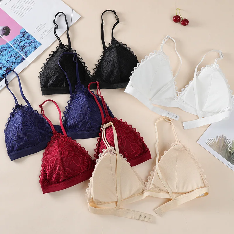 

Women Bralette French Style Lace Bra Girls Triangle Cup Lingerie Deep V Wireless Underwear Soft Thin Seamless Bra