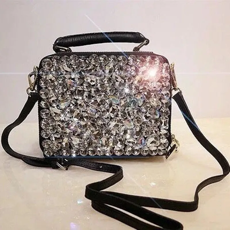 Luxury Fashion Diamonds Women Handbag Female Rhinestone Shoulder Bag Ladies Chain Black Genuine Leather Messenger Crossbody Bags