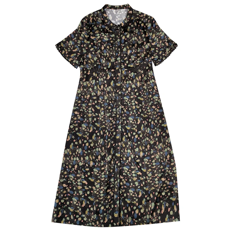 

Chikichi 2020 New Fashion Shirt Collar Large Size Printed Lace Patchwork Satin Dress Loose M-5XL