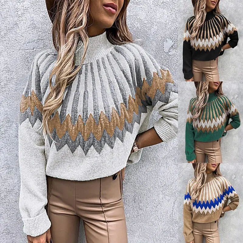 

Women's High Neck Sweater Long Sleeve Loose Casual Sweater Printed Sweater Autumn and Winter New Women's Top