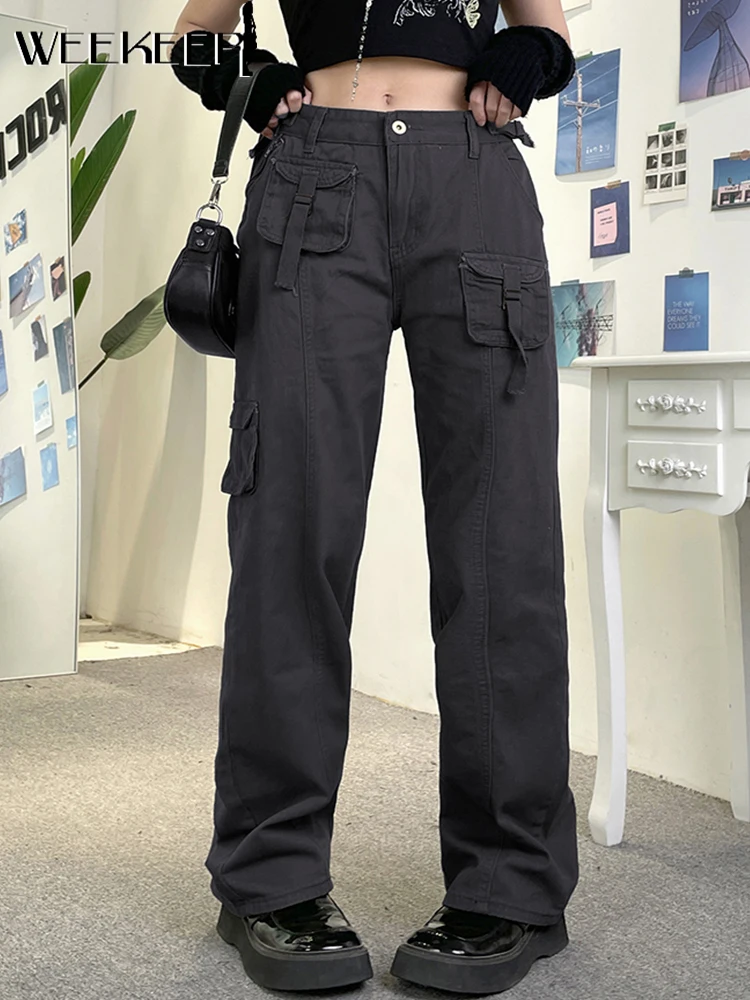 

Weekeep Y2k Cargo Pants For Women Low Rise Button Pockets Straight Denim Pants Vintage Harajuku Mom Jeans Korean Fashion Capris