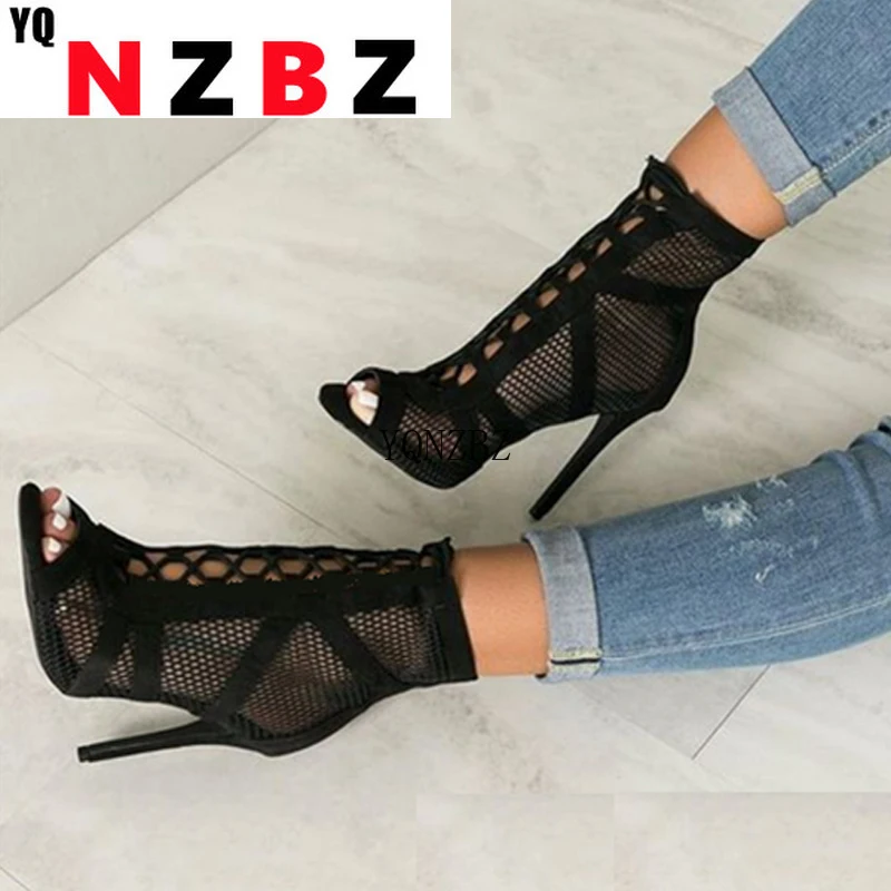 

YQNZBZ 2021 Fashion Black Summer Sandals Lace Up Cross-tied Peep Toe High Heel Ankle Strap Net Surface Hollow Out Sandals