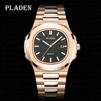 pladen hip hop mens watches trendy rose gold stainless steel quartz watch antique automatic date dive clock relogio masculino