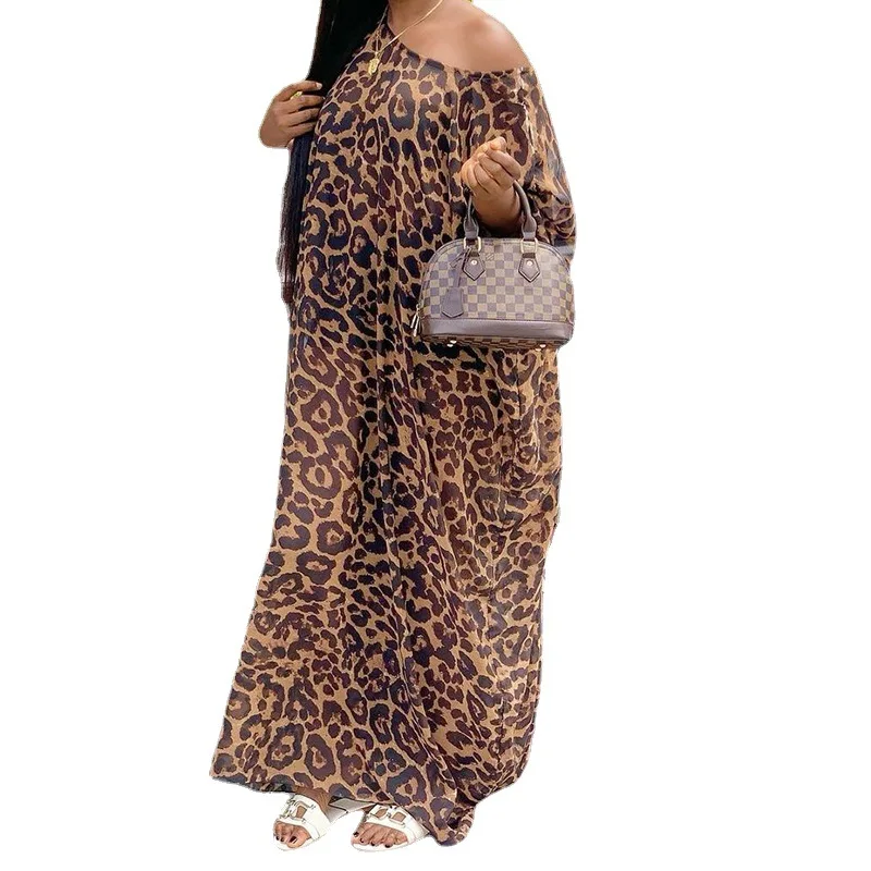 

WEPBEL Dress Women's Casual Leopard Print Loose Dress Summer Fashion O-Neck Off Shoulder Long Sleeve Loose Dress
