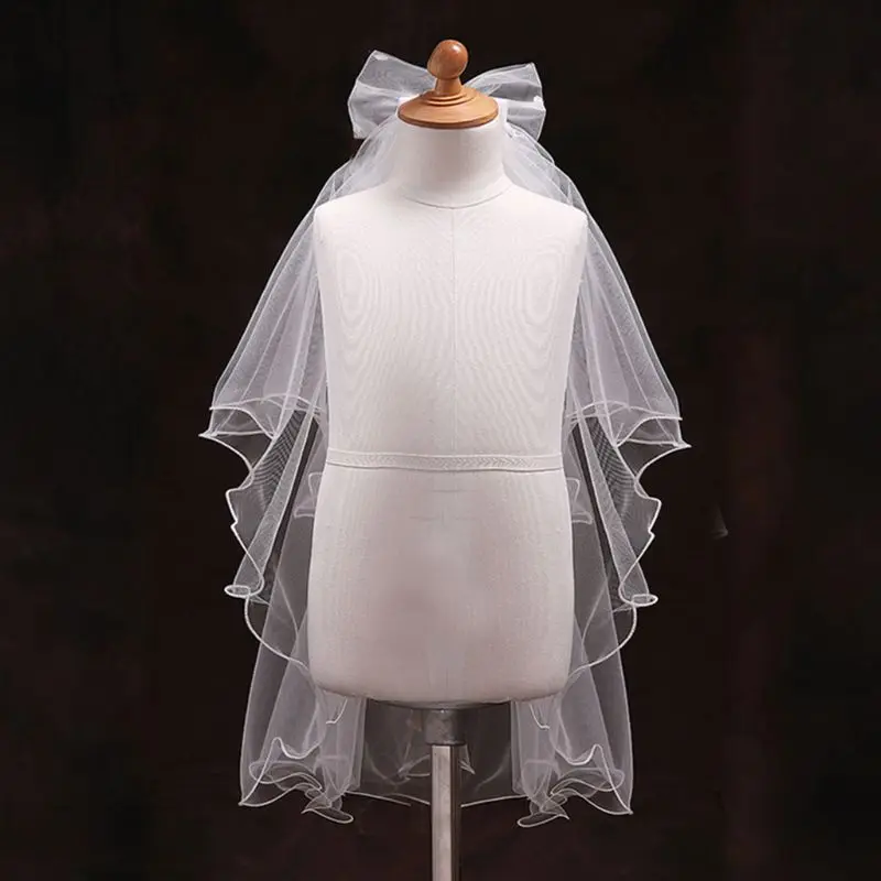 

New Handmade Double Layer Flower Girls Wedding Veils Cute Rhinestone Bowknot Kids Birthday Dance Cosplay Costume Photo Props