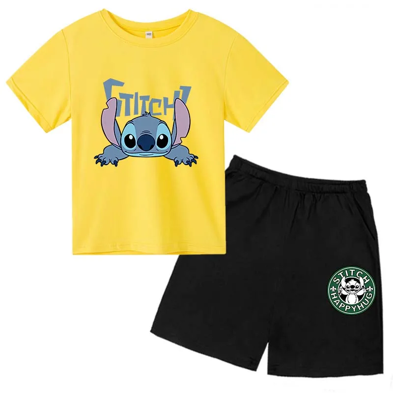 

Kids Cotton Shorts Set Stitch- Cartoon T-Shirt Pants 2 Pieces Set for Boys Girls Children Short Sleeve Tops Baby Cute Clothes