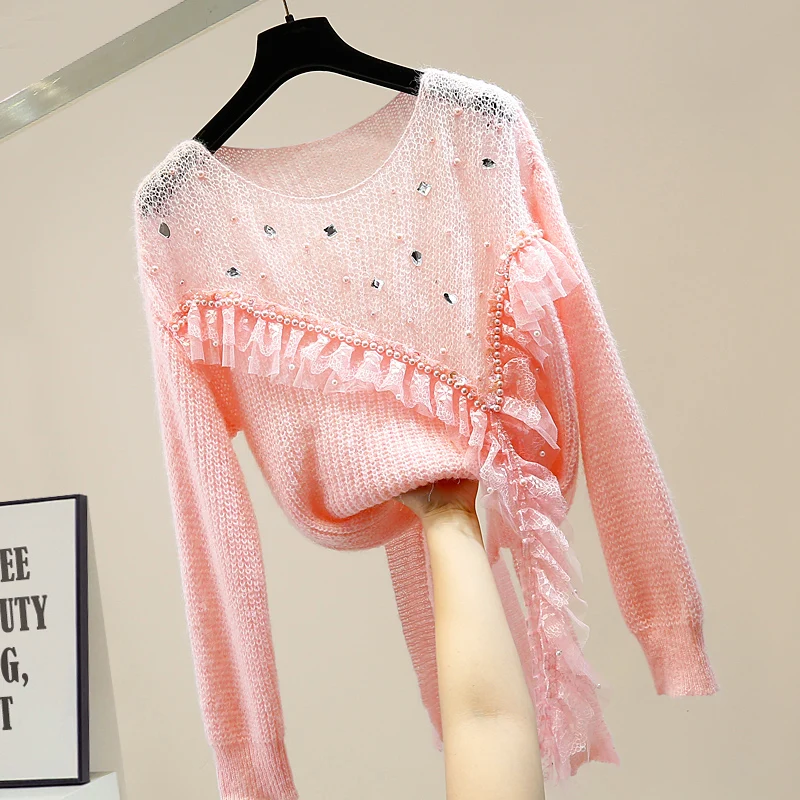 

Модный женский свитер с блестками и бисером, милые Асимметричные кружевные Прошитые свитера открытой вязки для женщин, осень 2020, новые своб...