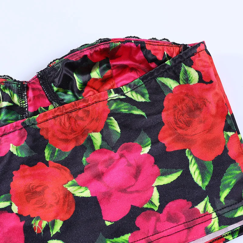 

Spring Summer Sexy Corset Tops Women Rose Print Strapless Fashion Lace Patchwork Bustier Ladies Casual Tube Tops Female 2021