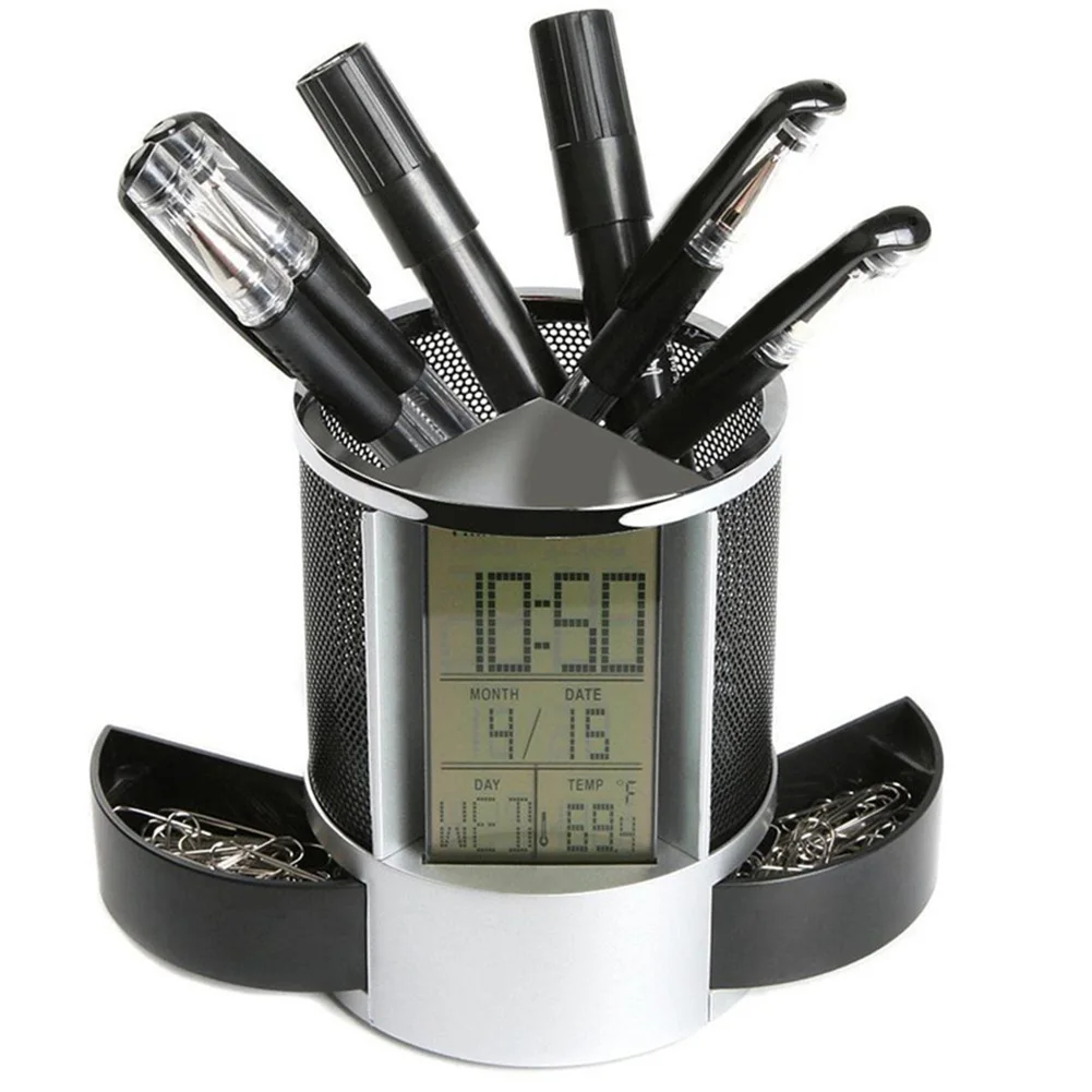 Office LCD Countdown Function Alarm Clock Time Temperature Display Pen Pencil Holder Durable Desk Organizer | Канцтовары для офиса