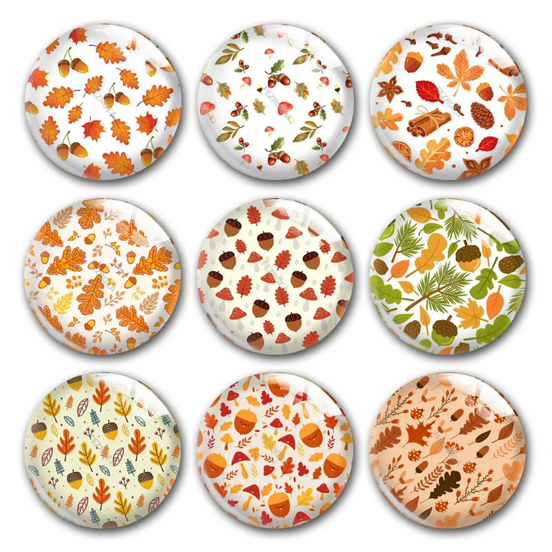 

Handmade Thanksgiving Maple Leaf Pine Nuts Fall Round Photo Glass Cabochons Demo Flat Back DIY Jewlery Making Findings Accessory