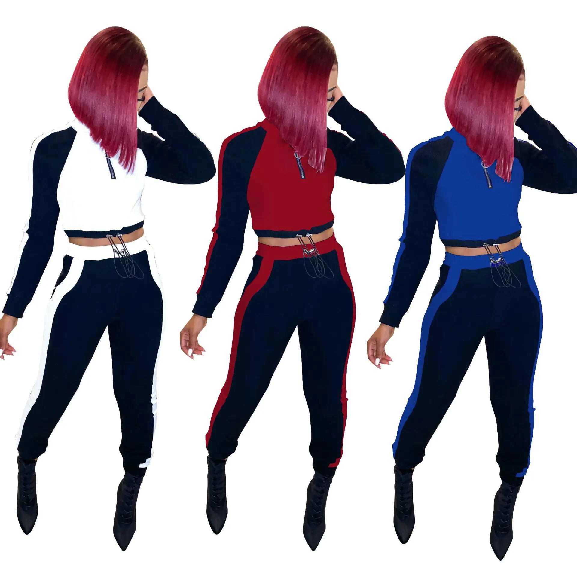 

88NY002 Autumn Winter Women Outdoor Casual Sports Solid Patchwork Navel Two Piece Set Top and Pants Tracksuit Sweatsuit Outfits
