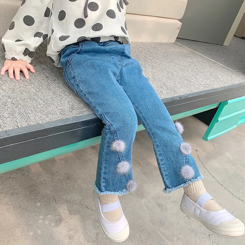 

New Children Pants Korean 2020 Spring Cotton Elastic Waist Long Jeans Pants 1-5Yrs Kids Fur Balls Denim Slim Pant Girls Clothes