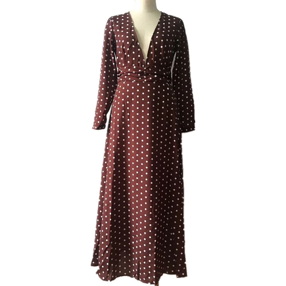 

Boho Women Polk Dot Chiffon Dresses Sexy Deep V-Neck Split Long Sleeve Long Maxi Dress 2021 Spring Solid Beach Dresses Plus Size