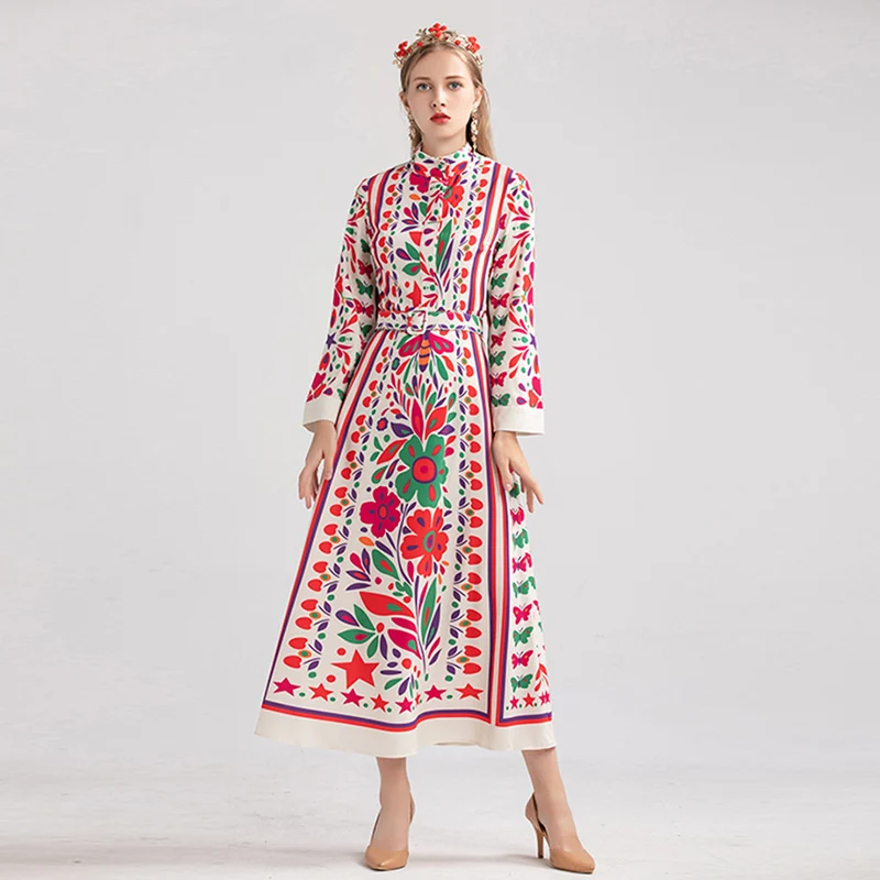 Женские подиумные платья с круглым вырезом и длинными рукавами цветочным