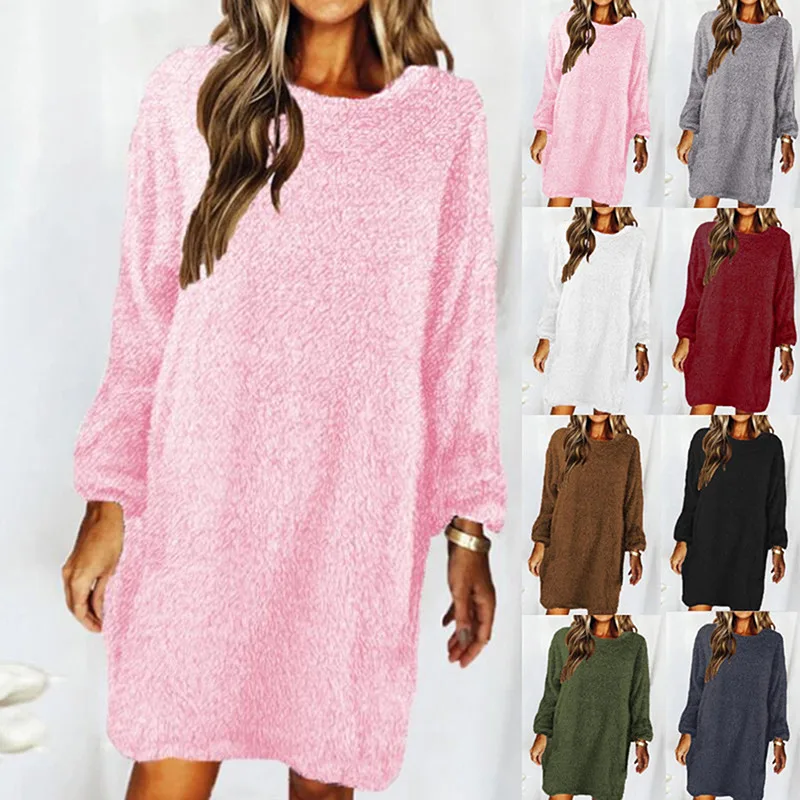

Модное осенне-зимнее теплое плюшевое флисовое мини-платье женское однотонное свободное плюшевое платье с длинным рукавом платье-свитер