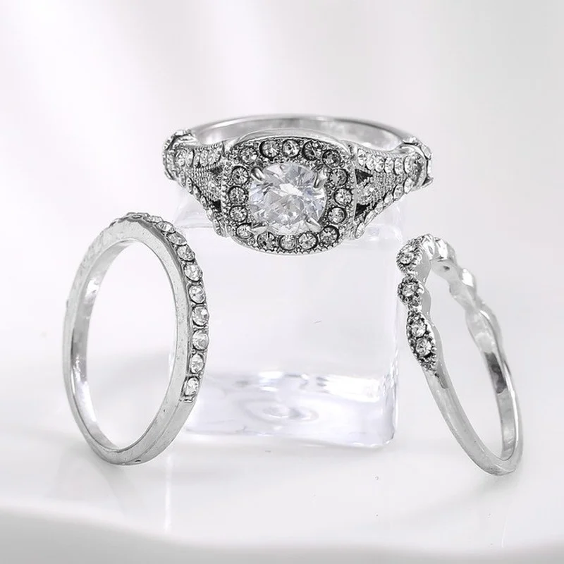

3 Pcs/Set Fashion Silver Color Full Crystal Rhinestone Zircon Ladies Ring for Women Party Wedding Engagement Jewelry