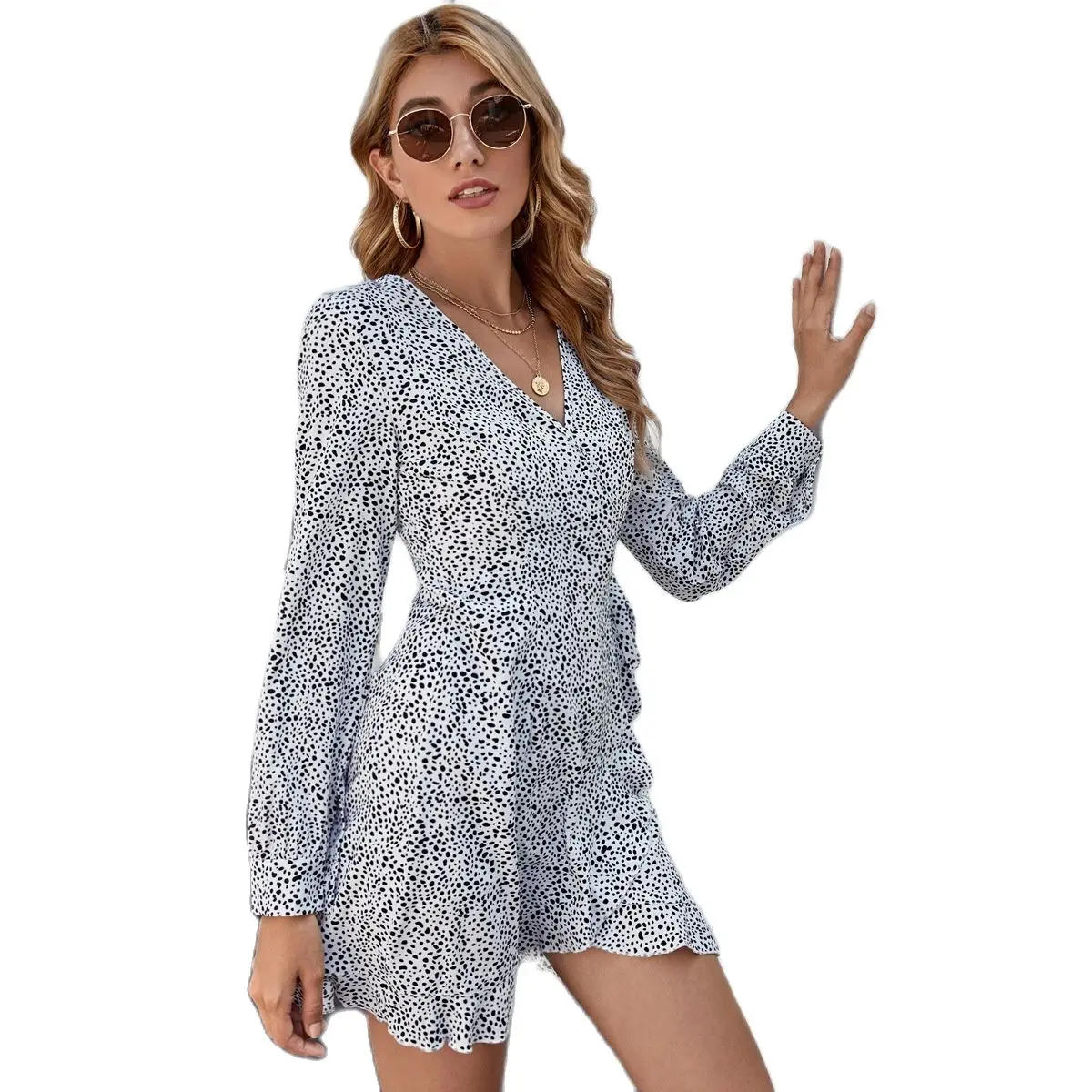 

2021 Women's Sweet Dot Long Sleeve Dress V-neck Thin Floral Chiffon Irregular Lace Up Short Skirt