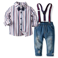new boys stripe shirt and strap jeans suit kids england suits 100 cotton clothes 2 6 years children clothing boys gentleman set