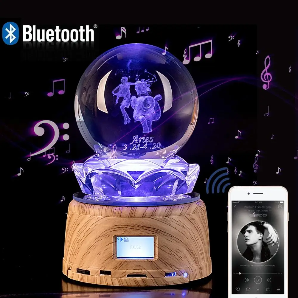 LED Night Light 12 Horoscope Sign Aries Crystal Photo MP3 Music Swivel Display Bluetooth Lamp RGB Remote Control For Gift
